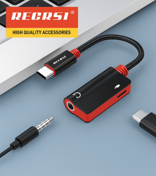 Adaptateur RECRSI Type-C vers Jack 3.5mm + Port Charge – Double Fonction – Image 2