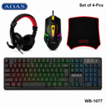 Ensemble de jeu AOAS 4-en-1 avec clavier filaire, casque, souris et tapis de souris avec éclairage RGB WB-1077