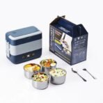 Boîte repas électrique bleue et blanche avec quatre bols et emballage
