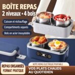 Intérieur de la boîte repas électrique avec ses quatre bols en inox